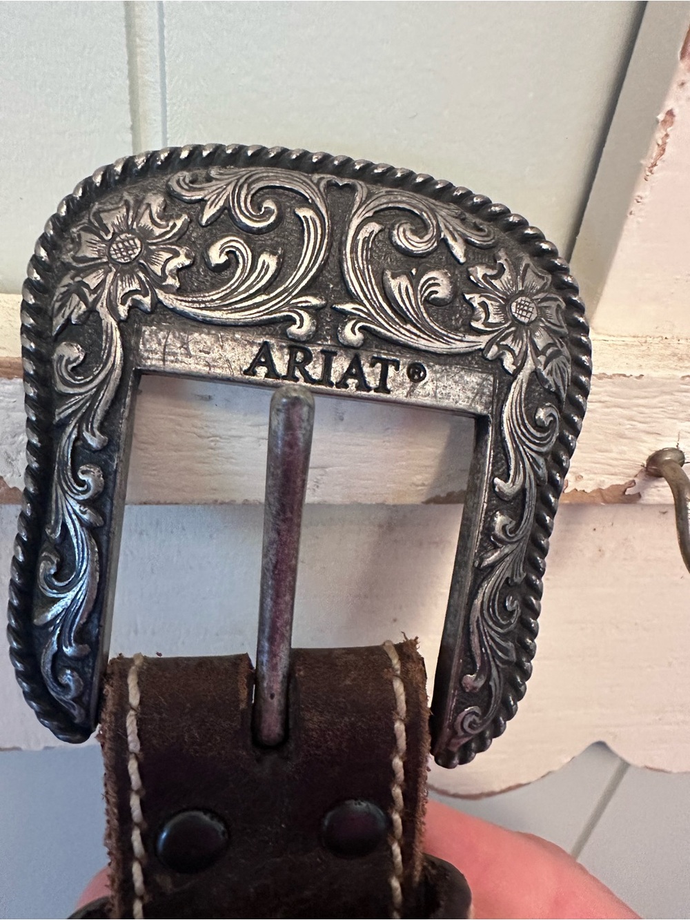 Ariat leather belt Embossed Floral Silver Belt Buckle with Brown Leather Belt
